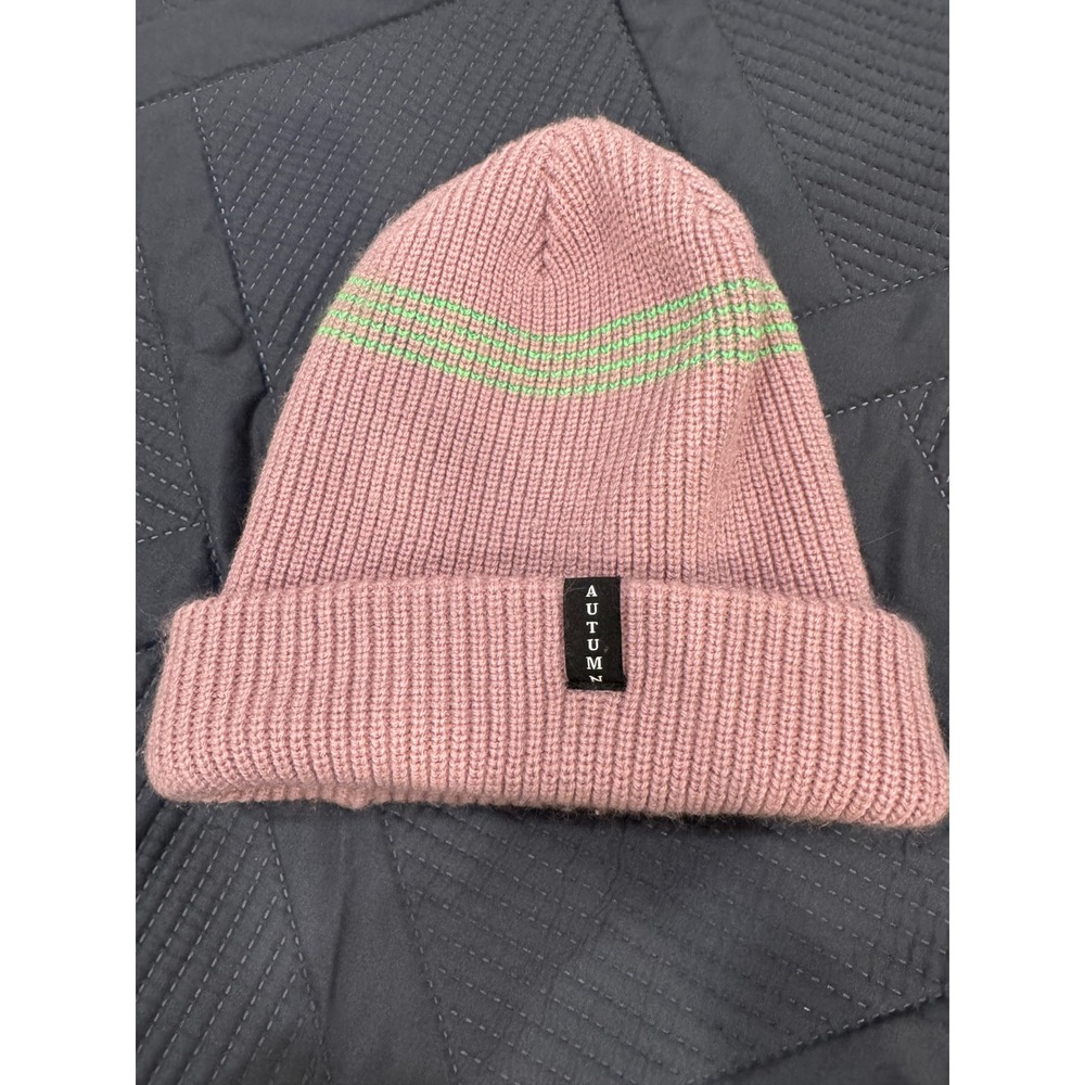 Autumn x Evo Knit Beanie Hat Dusty Rose Pink Green Striped Ribbed Cuff Watch Cap